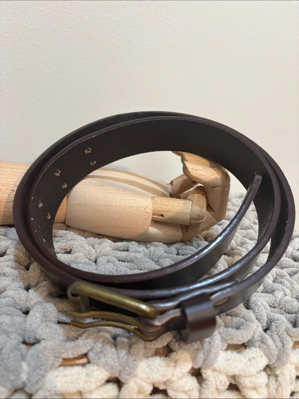 Men's Classic Dark Brown Leather Belt with Antique Brass Buckle
